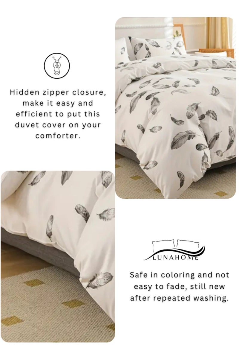 LUNA Home Queen size 6 pieces set: 1 Duvet cover - 200*230cm.; 1 Flat sheet - 230*250cm.; 4 Pillow covers - 50*75cm. Bedding set, white bed linen with black feathers - Image 5